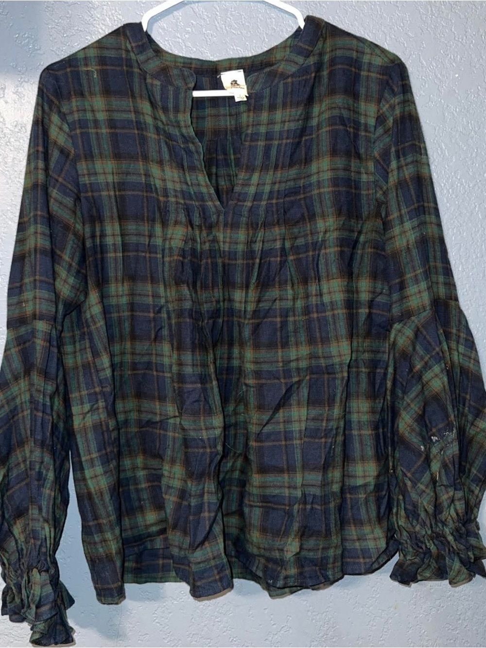 Plaid Peasant Blouse in Green and Navy - Relaxed Long Sleeve